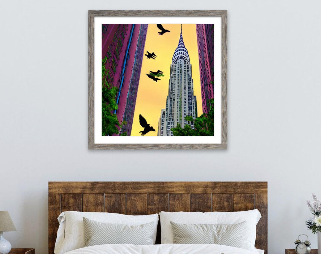 Strange Birds Flying Over Chrysler Building. Fine Art Print. SN NYC Collection. Avian Surrealism, NYC Skyward Abstraction, Generative Dreamscape.