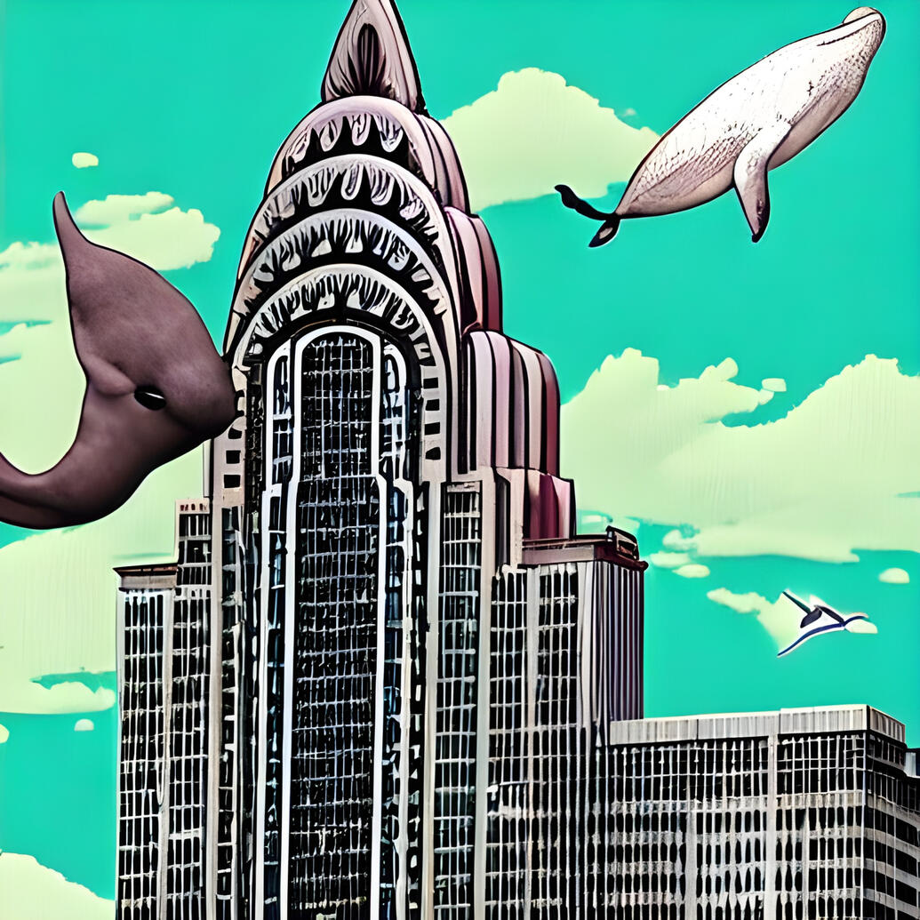 A Whale Flying Over the Chrysler Building. Fine Art Print. SN NYC Collection. Marine Surrealism, Impossible Reality, High-Resolution Digital Fantasy.