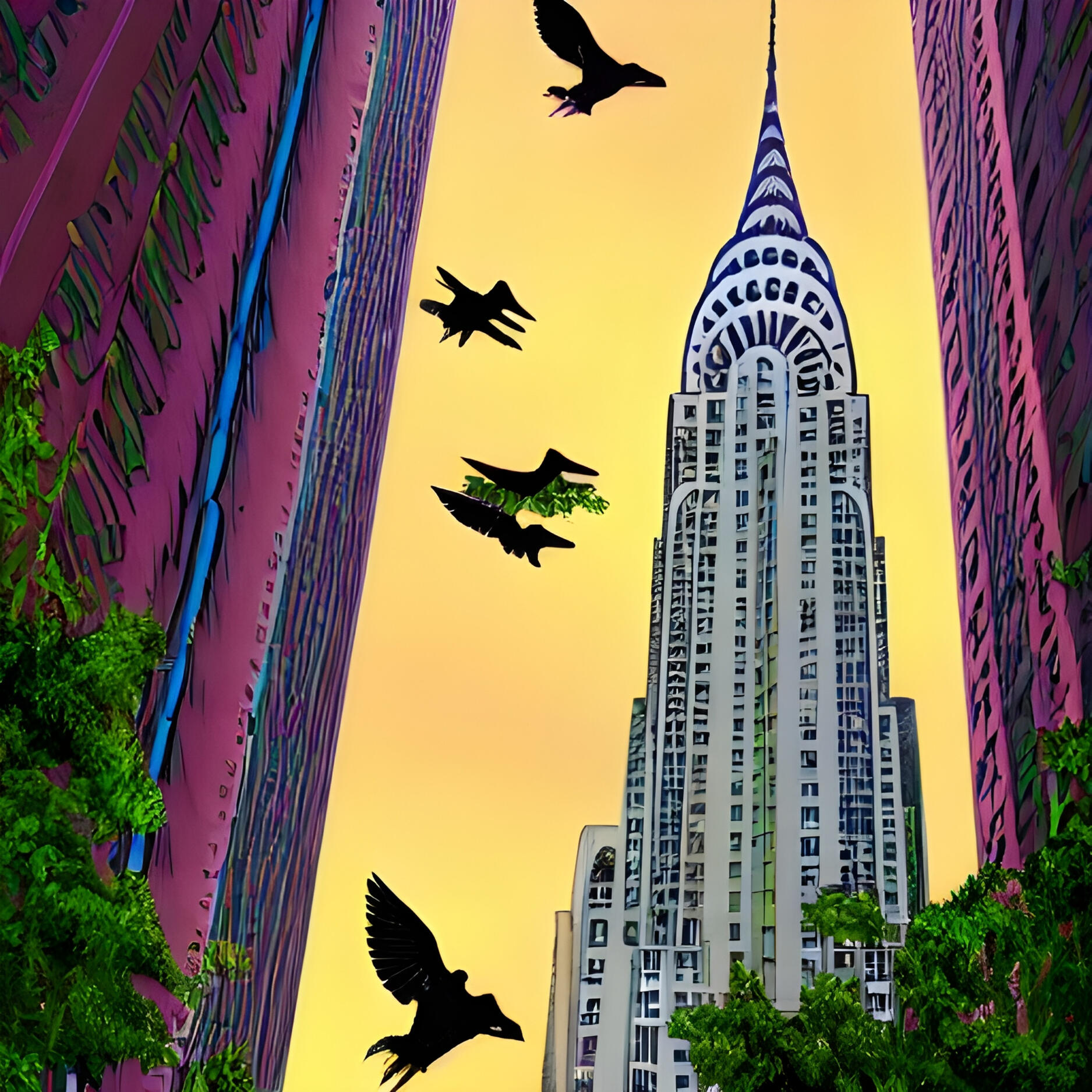 Strange Birds Flying Over Chrysler Building. Fine Art Print. SN NYC Collection. Avian Surrealism, NYC Skyward Abstraction, Generative Dreamscape.